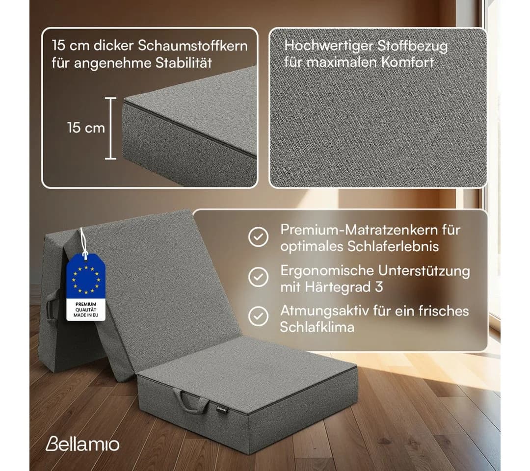 Bellamio Klappmatratze Lomme 3-teilig 15 cm hoch 90x200 cm Dunkelgrau