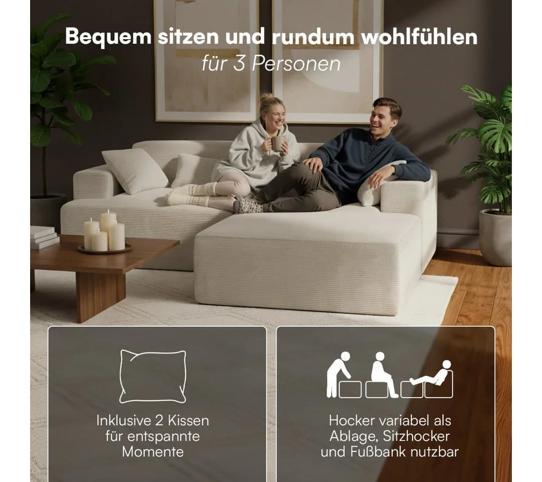skølm Sofa Freki aus Cord, Beige, 3-Sitzer inkl. Hocker und 2 Kissen - Bild 3