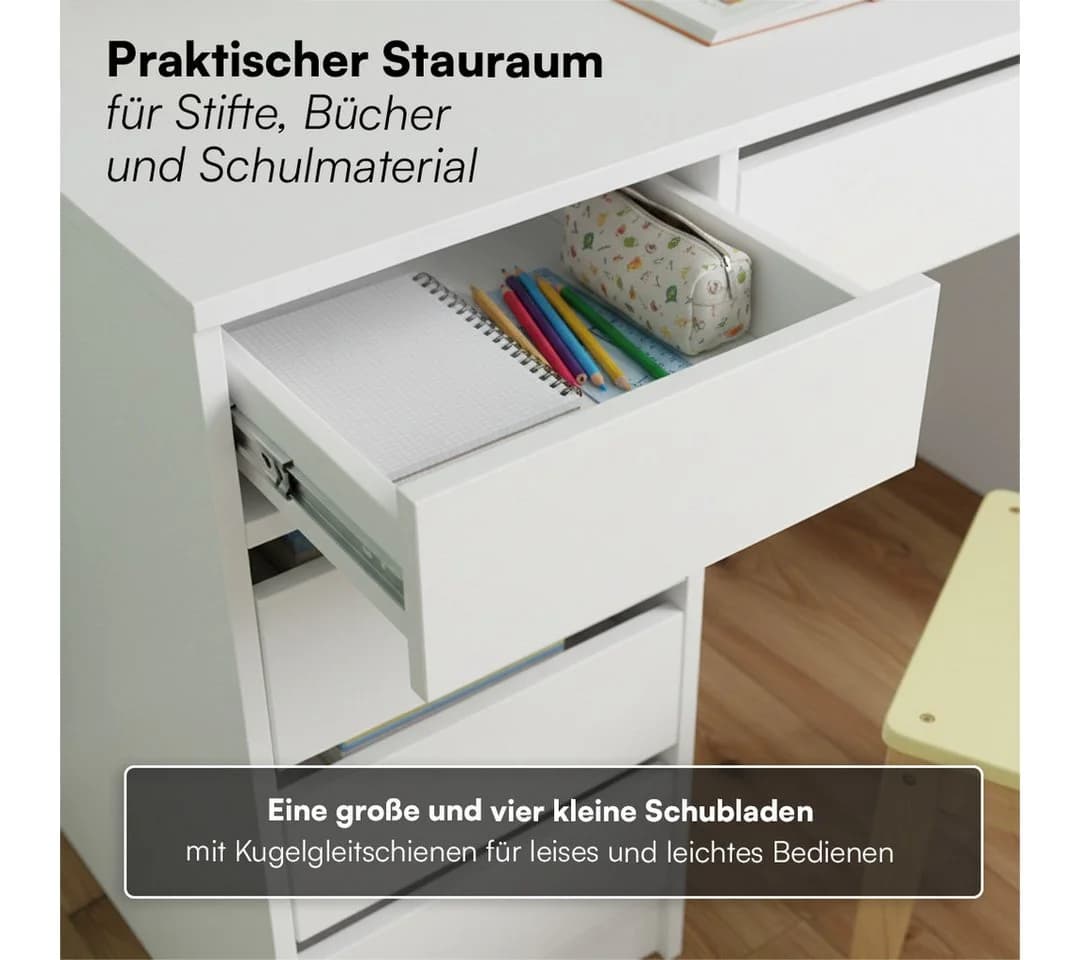Bellabino Kinderschreibtisch Nore Weiß mit 5 Schubladen - Bild 3