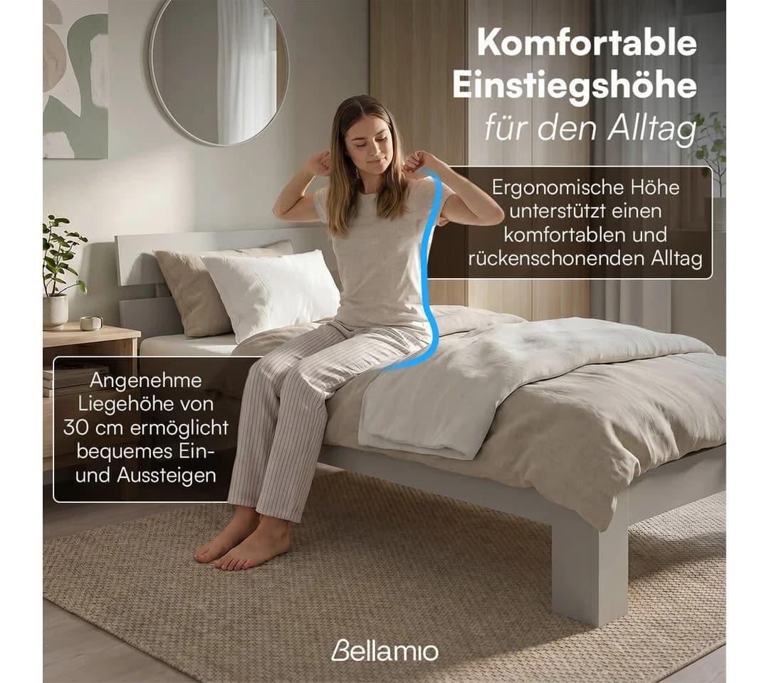 Bellamio Massivholzbett Kavir Cremegrau mit Lattenrost