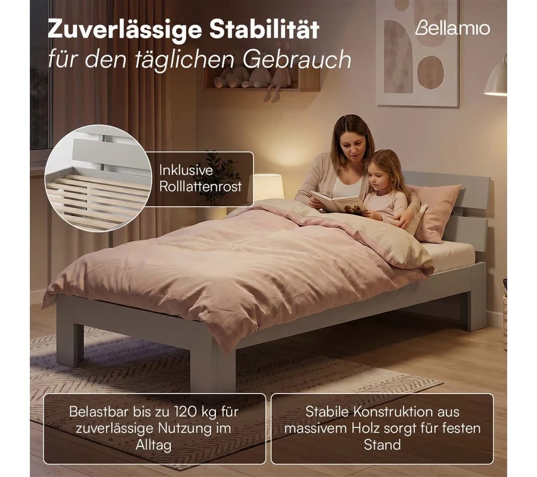 Bellamio Massivholzbett Kavir Cremegrau mit Lattenrost - Bild 4