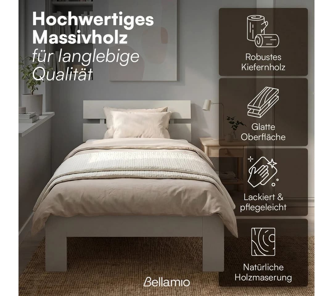 Bellamio Massivholzbett Kavir Cremegrau mit Lattenrost - Bild 5