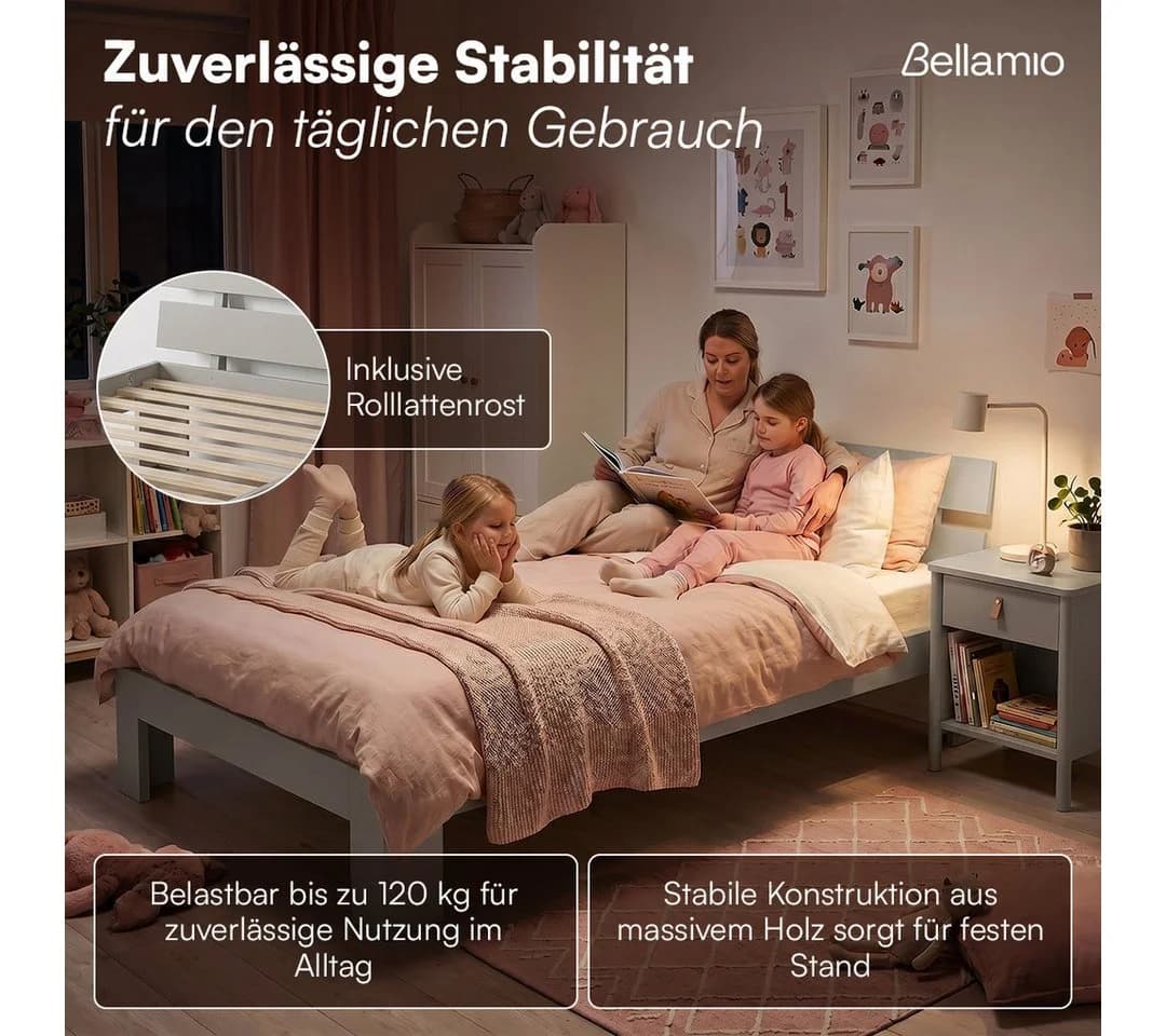 Bellamio Massivholzbett Kavir Cremegrau mit Lattenrost - Bild 4