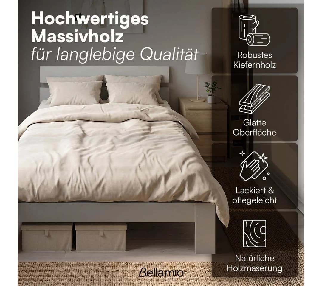 Bellamio Massivholzbett Kavir Cremegrau mit Lattenrost - Bild 5