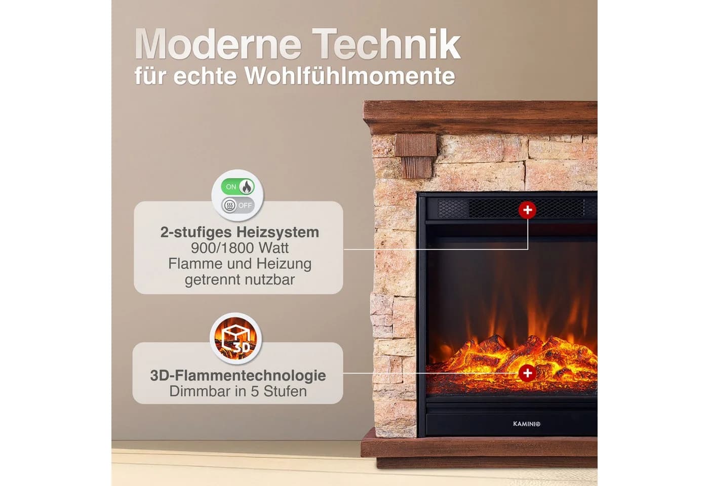 KAMINIO Elektrokamin JUAN 3D-Flammeneffekt 1800W - Bild 3