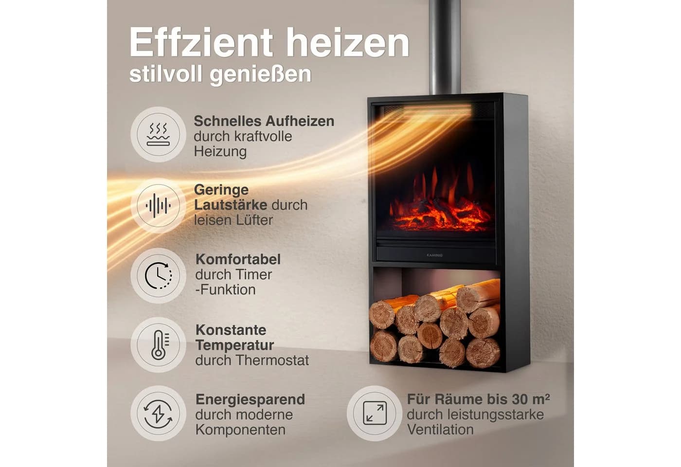 KAMINIO Elektrokamin HUGO Schwarz mit 3D-Flammeneffekt & 1800W Heizung - Bild 4