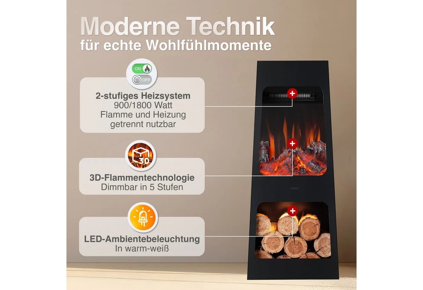 KAMINIO Gartenkamin KAI Schwarz 3D-Flammeneffekt 2-Stufen-Heizung - Bild 3