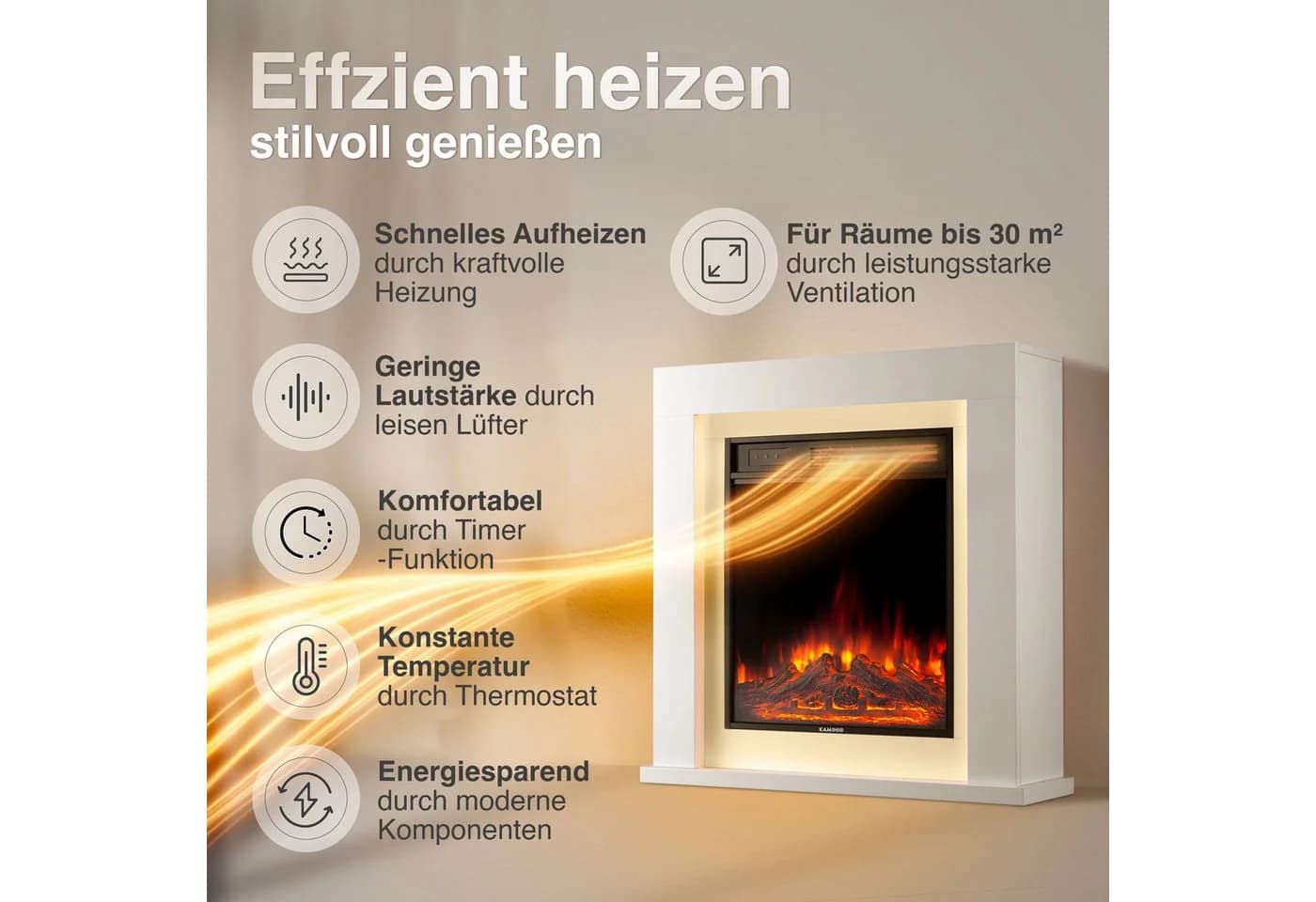 KAMINIO Elektrokamin MATTI mit 3D-Flammeneffekt, Ambientelicht und 1800W Heizung - Bild 4