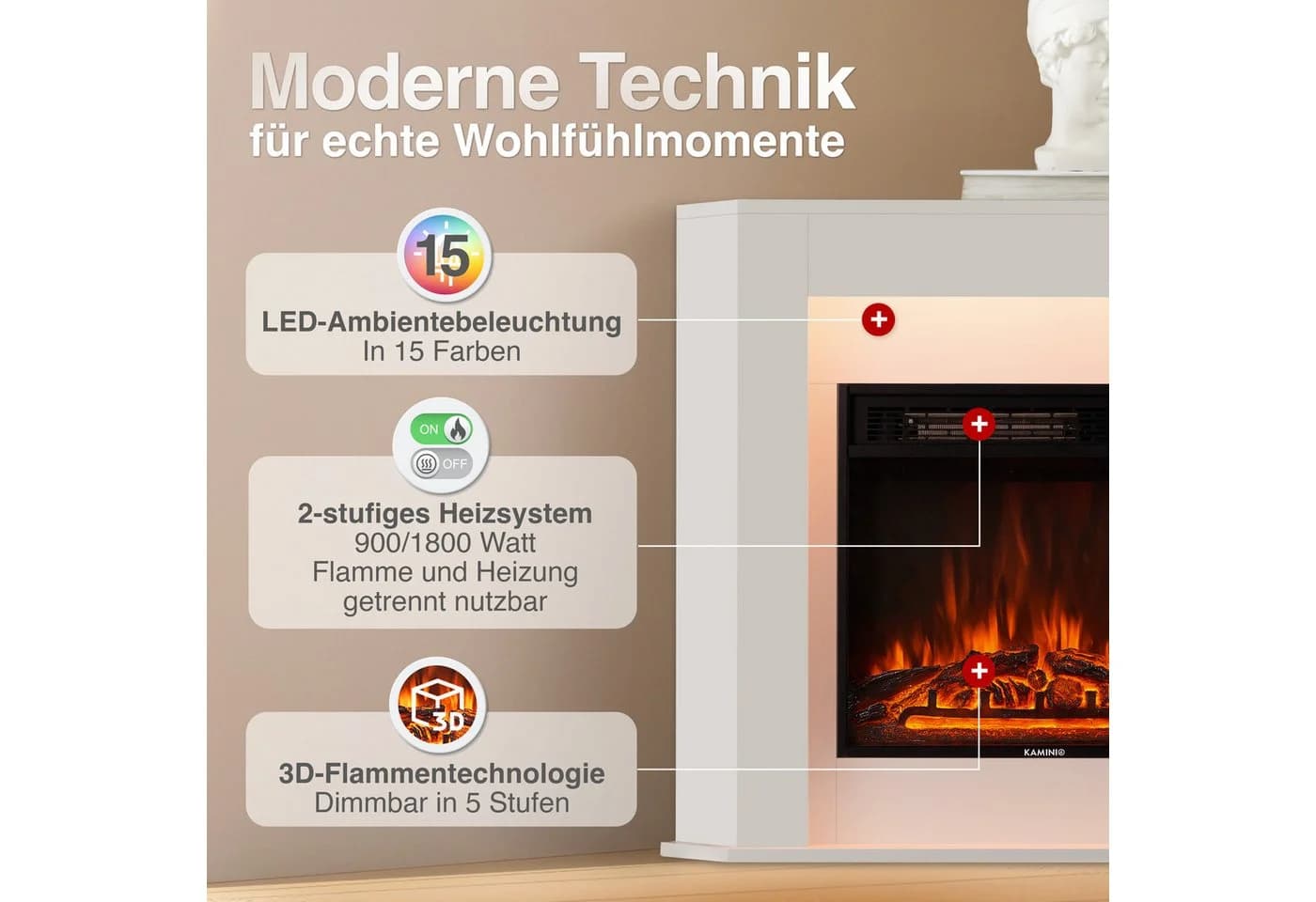 KAMINIO Elektrokamin MATTI 3D-Flammeneffekt Ambientelicht 1800W - Bild 3