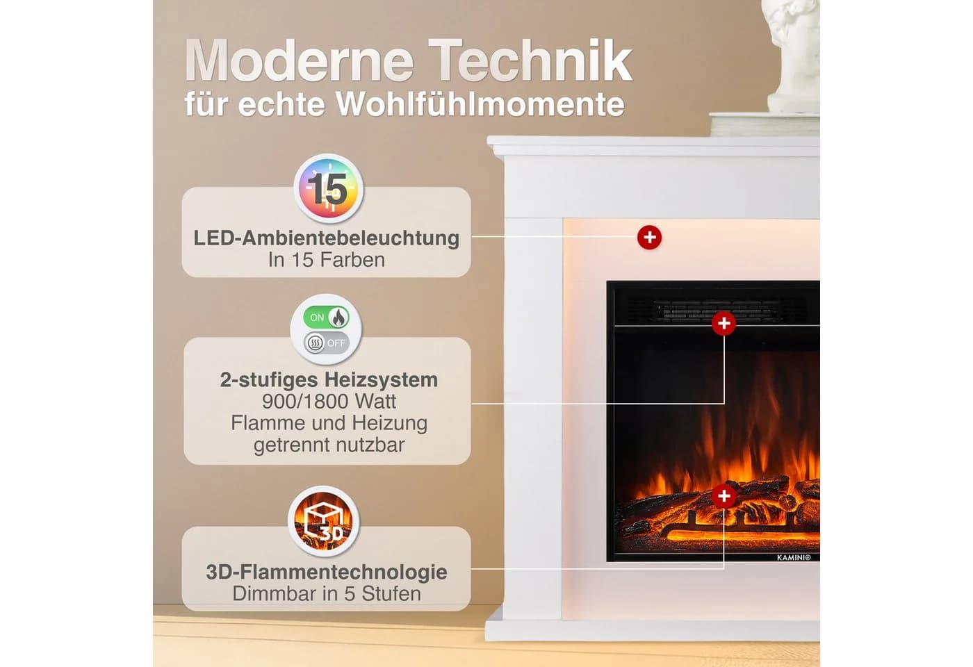 KAMINIO Elektrokamin MATTI Weiß mit 3D-Flammeneffekt & 1800W Heizung - Bild 3