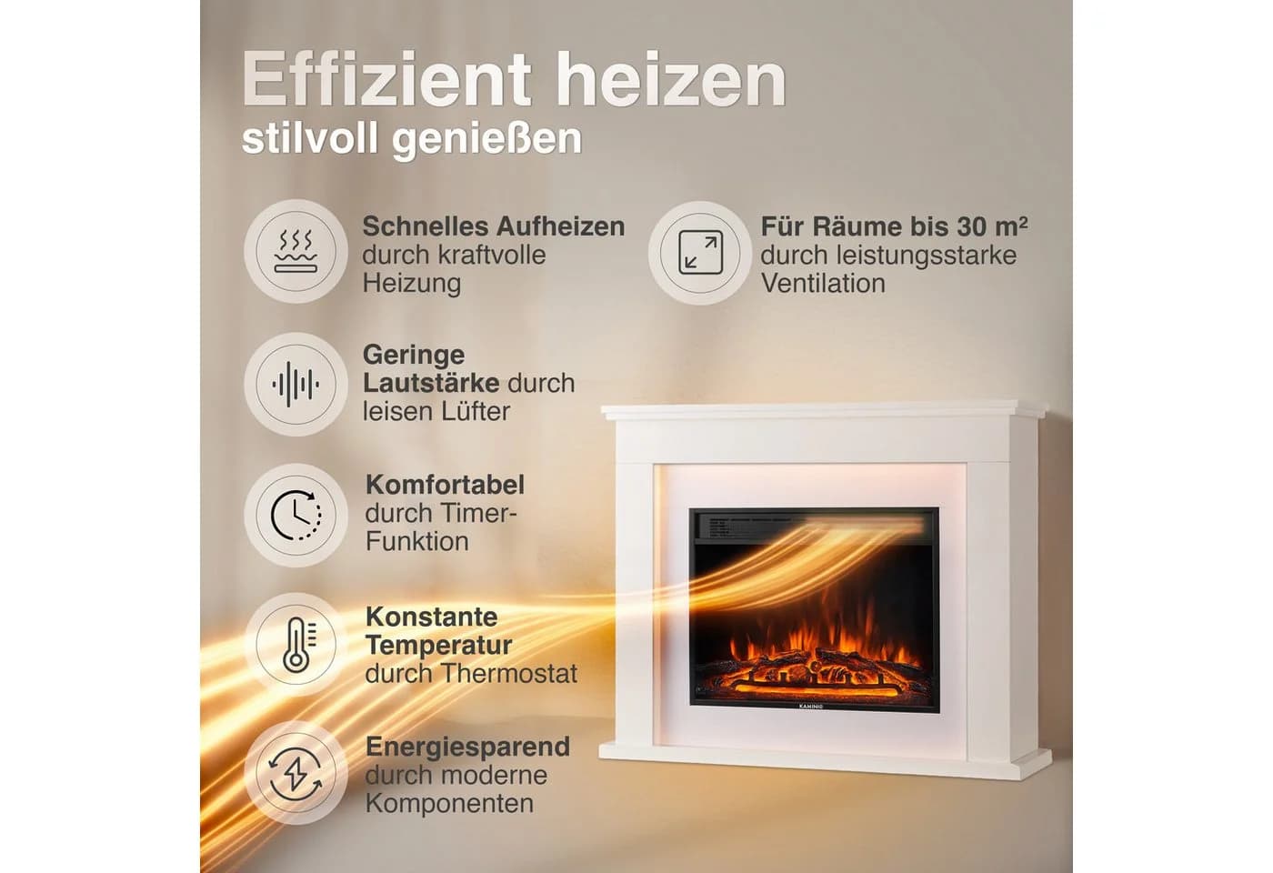 KAMINIO Elektrokamin MATTI Weiß mit 3D-Flammeneffekt & 1800W Heizung - Bild 4