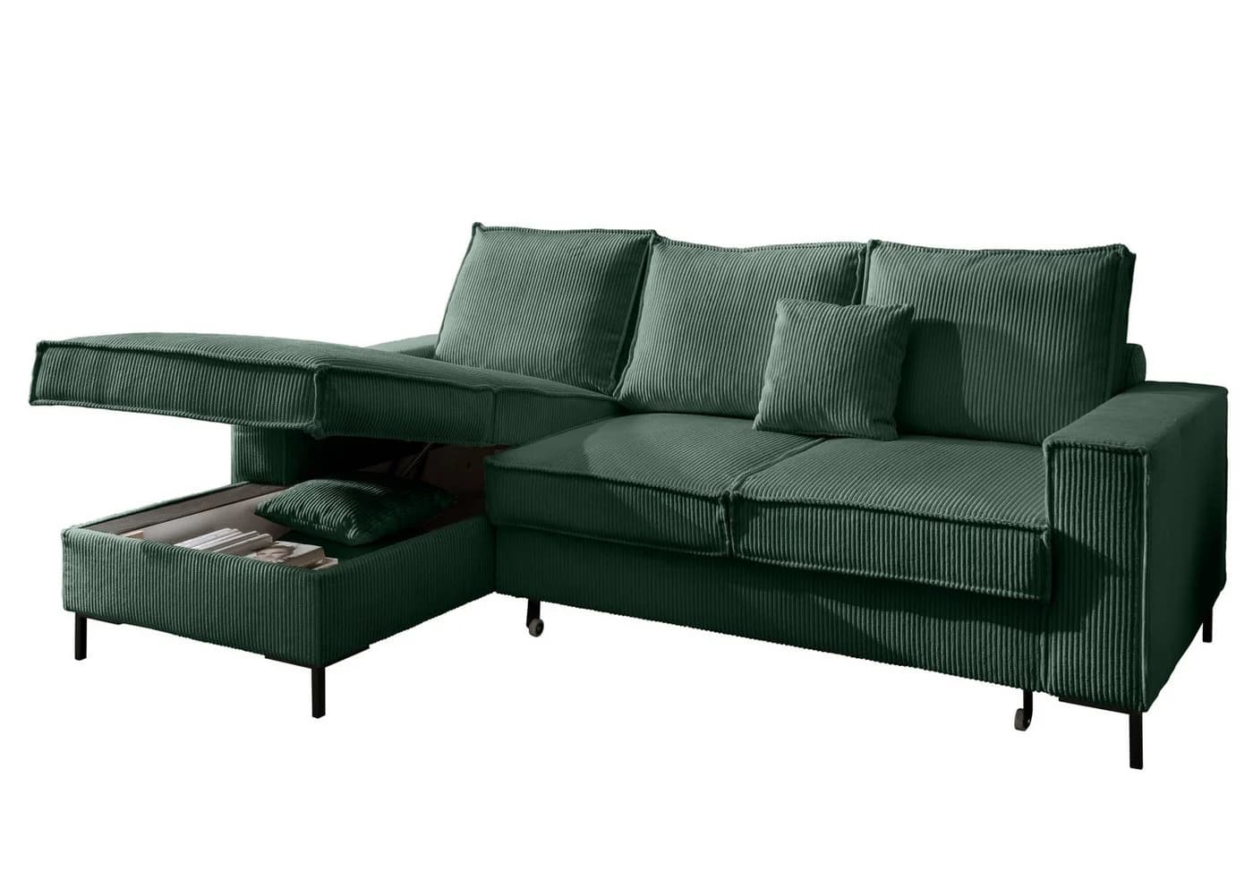 luma-home Ecksofa mit Bettfunktion und Bettkasten Grün Cord