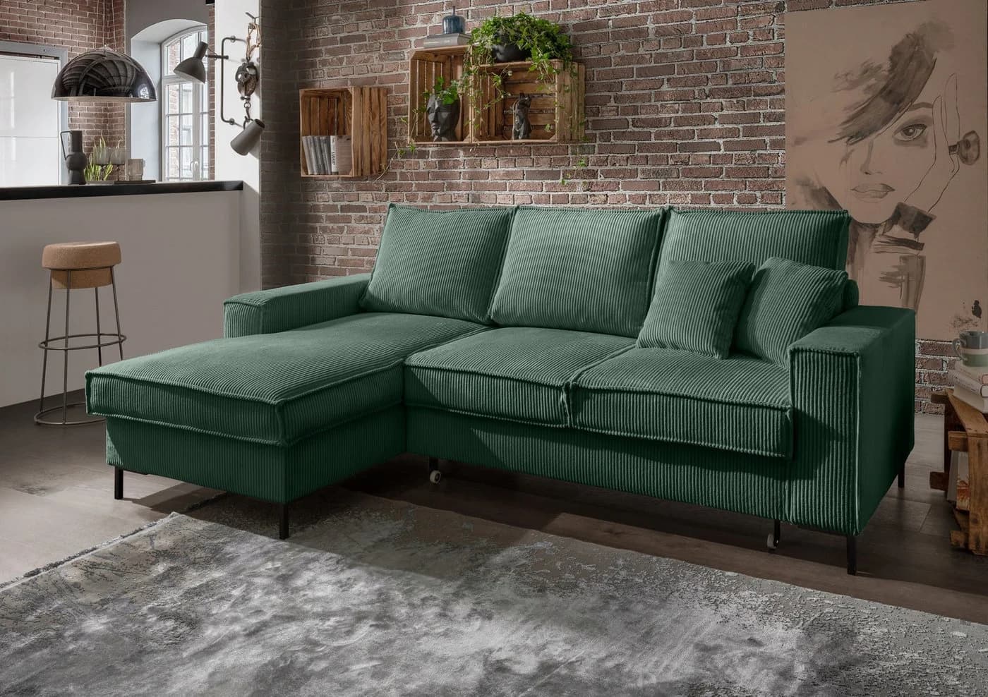 luma-home Ecksofa mit Bettfunktion und Bettkasten Grün Cord - Bild 3