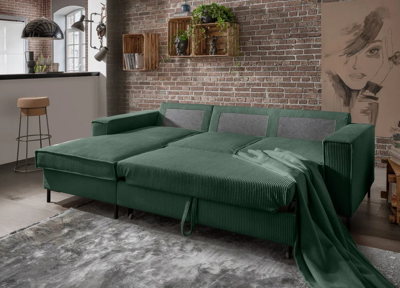luma-home Ecksofa mit Bettfunktion und Bettkasten Grün Cord - Bild 4