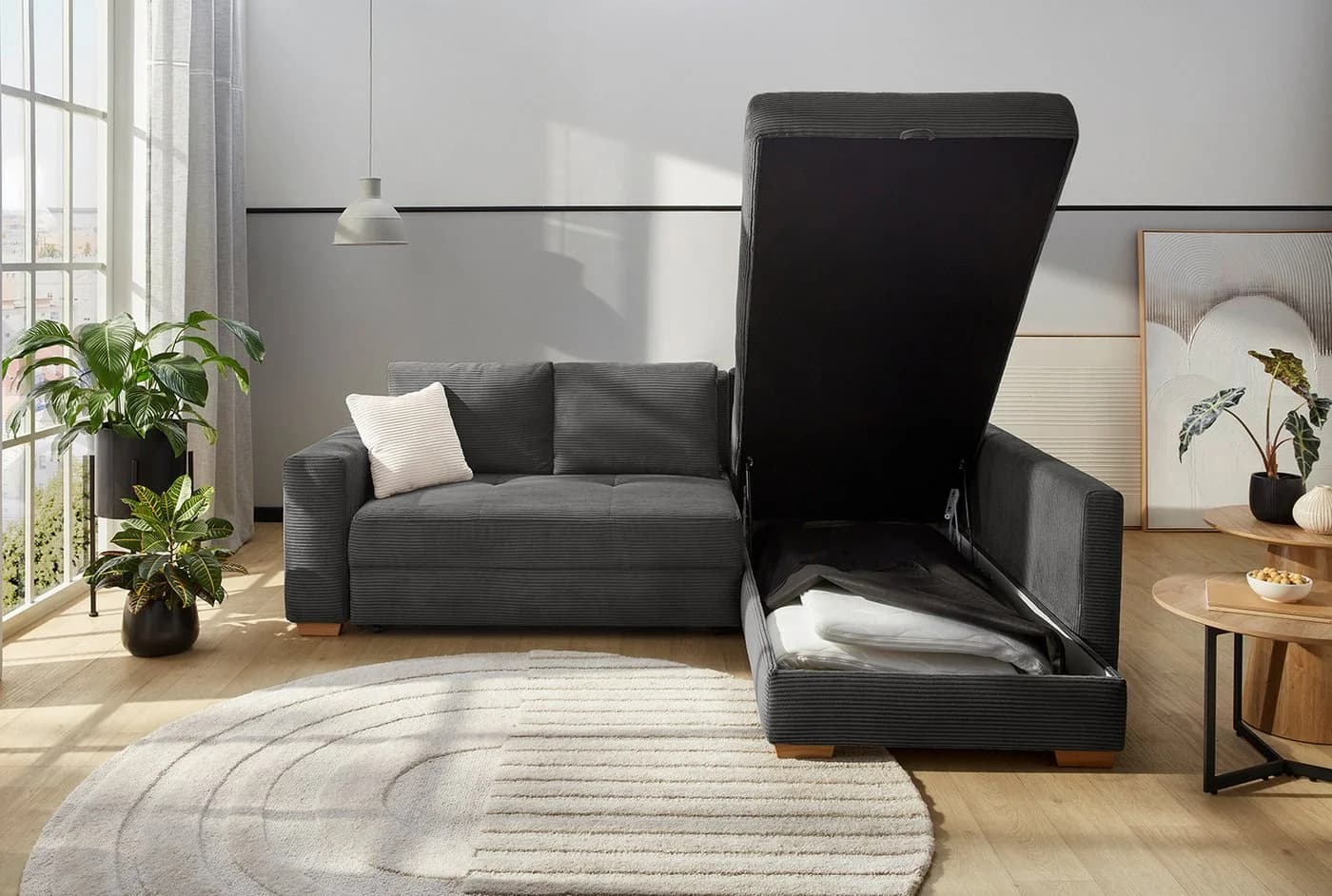 luma-home Ecksofa Dauerschlafer mit Bettkasten Cord Dunkelgrau - Bild 4