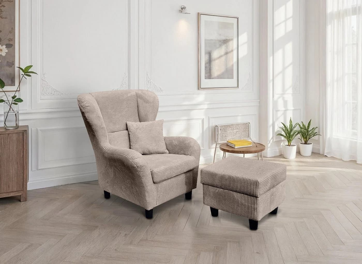 luma-home Ohrensessel mit Hocker und Zierkissen Taupe Cordstoff
