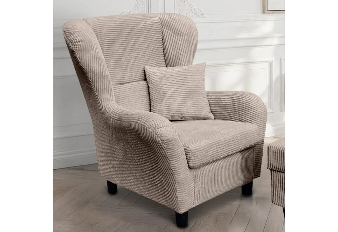 luma-home Ohrensessel mit Hocker und Zierkissen Taupe Cordstoff - Bild 3