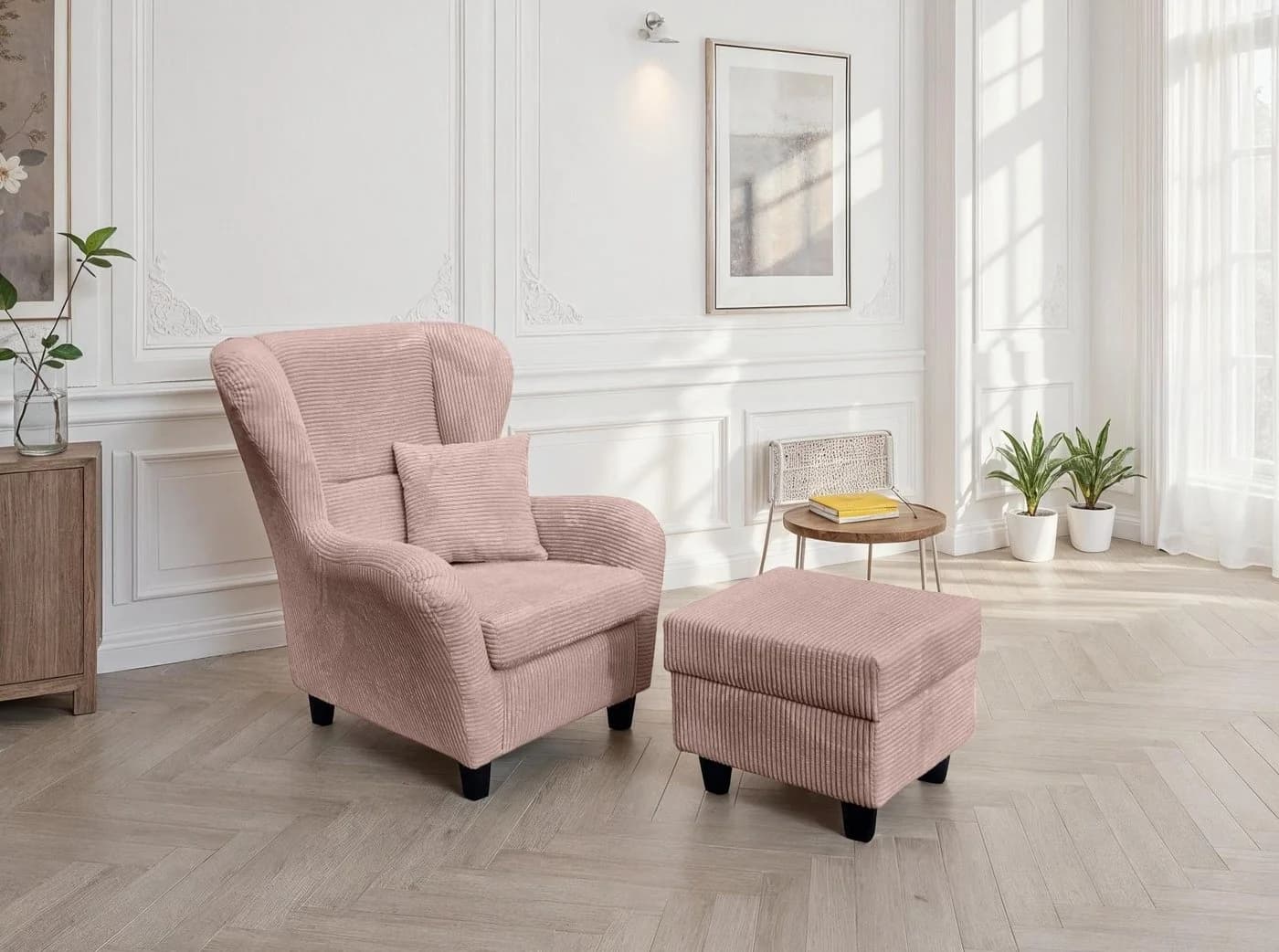 luma-home Ohrensessel mit Hocker und Kissen Cordstoff Rosa