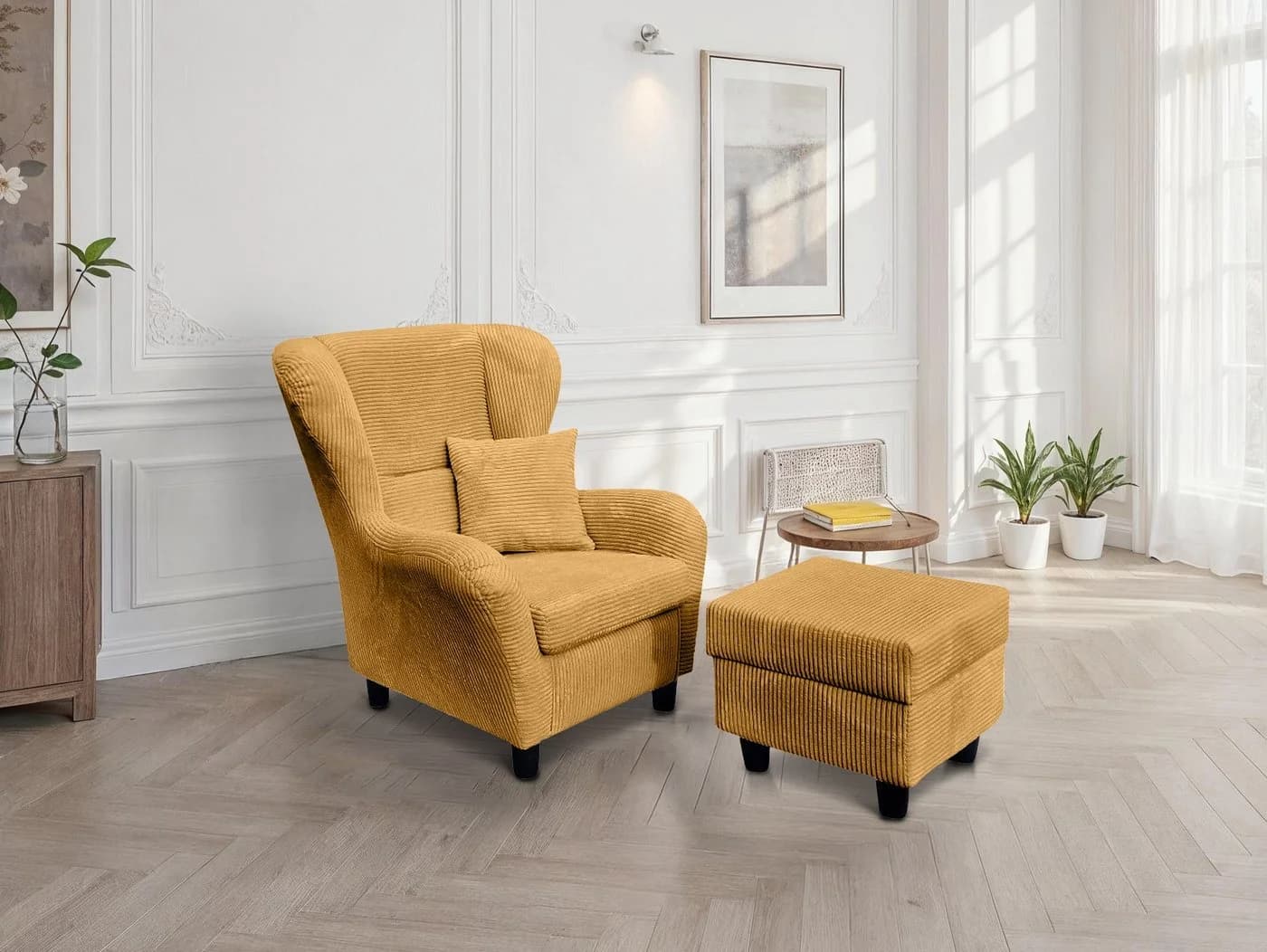 luma-home Ohrensessel 18022 mit Hocker und Zierkissen, Wellenunterfederung, Bezug Cordstoff in Gold Ockergelb