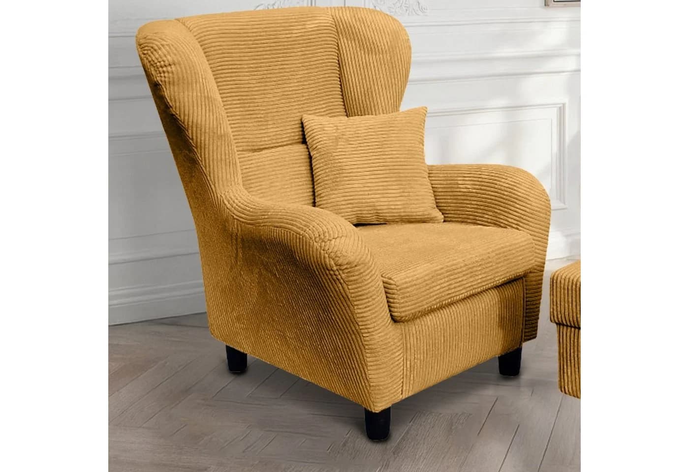 luma-home Ohrensessel 18022 mit Hocker und Zierkissen, Wellenunterfederung, Bezug Cordstoff in Gold Ockergelb - Bild 3