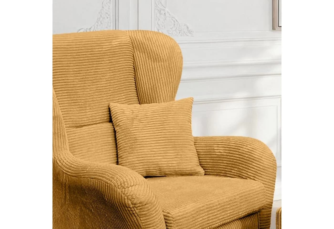 luma-home Ohrensessel 18022 mit Hocker und Zierkissen, Wellenunterfederung, Bezug Cordstoff in Gold Ockergelb - Bild 5