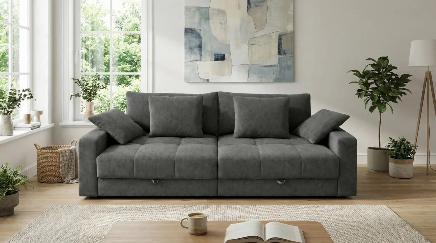 luma-home Big-Sofa 15243 Grau Chenille mit Bettkästen