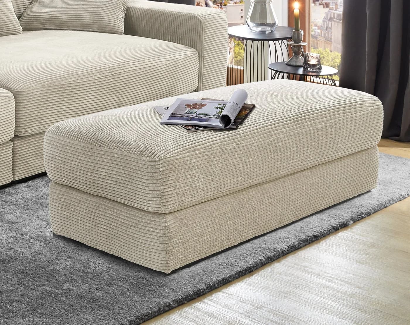 luma-home Polsterhocker Beige Grau Cord Bonellfederkern