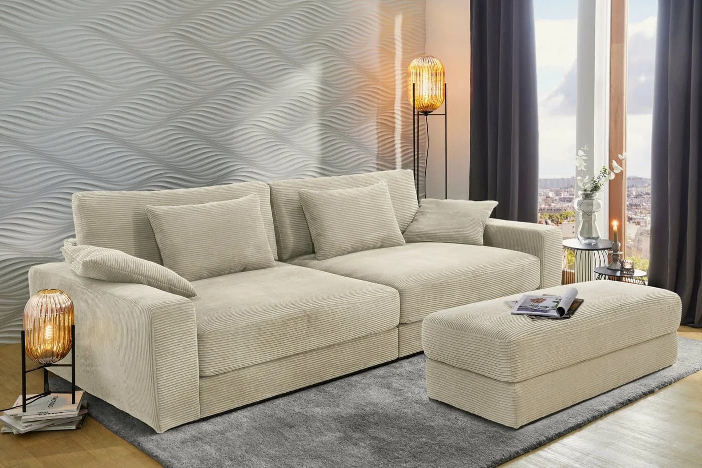 luma-home Polsterhocker Beige Grau Cord Bonellfederkern - Bild 3
