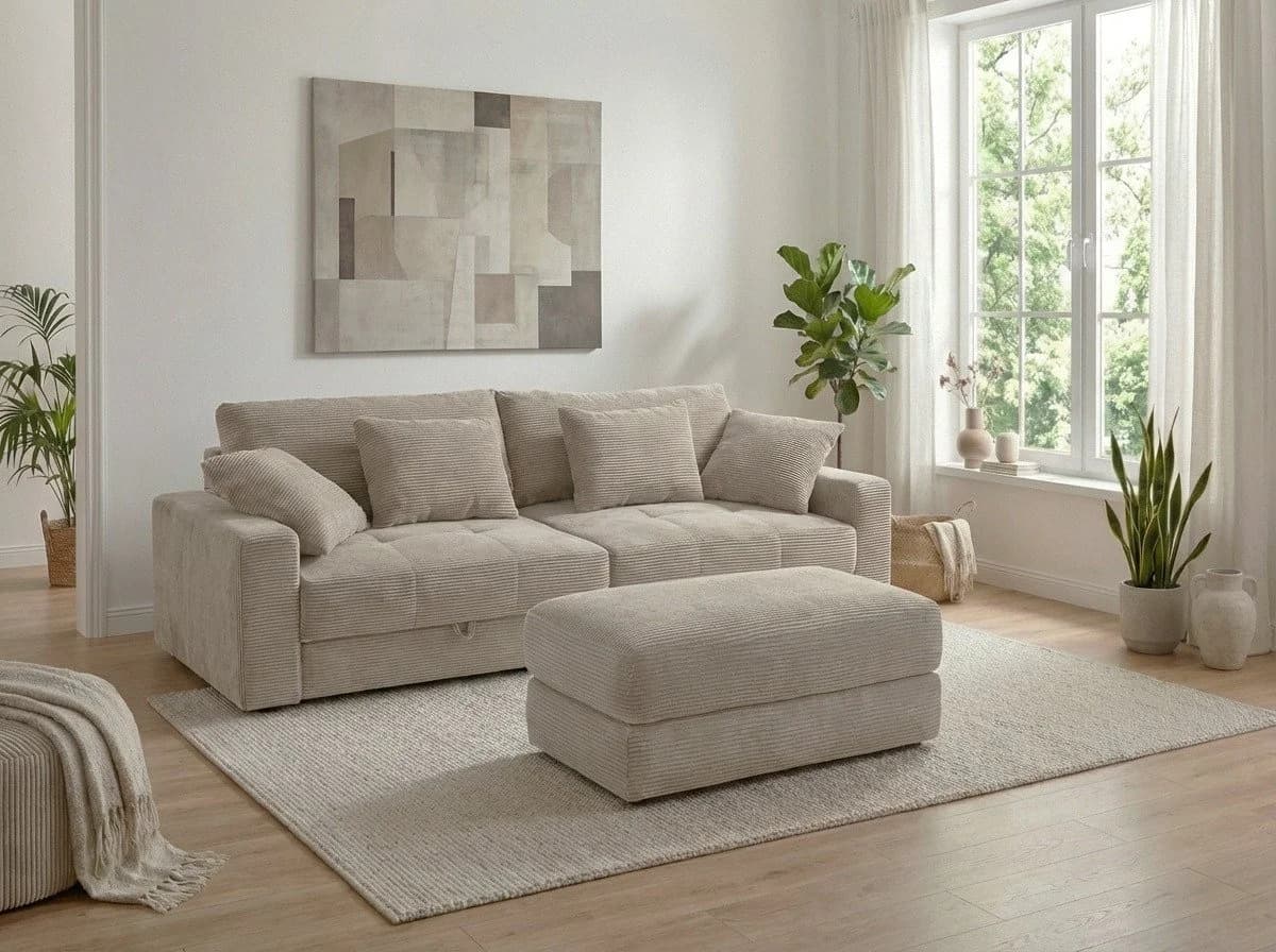 luma-home Polsterhocker Beige Grau Cord Bonellfederkern - Bild 4