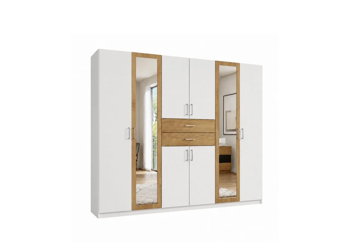 luma-home Drehtürenschrank Weiß mit Spiegeln und Schubkästen - Bild 2