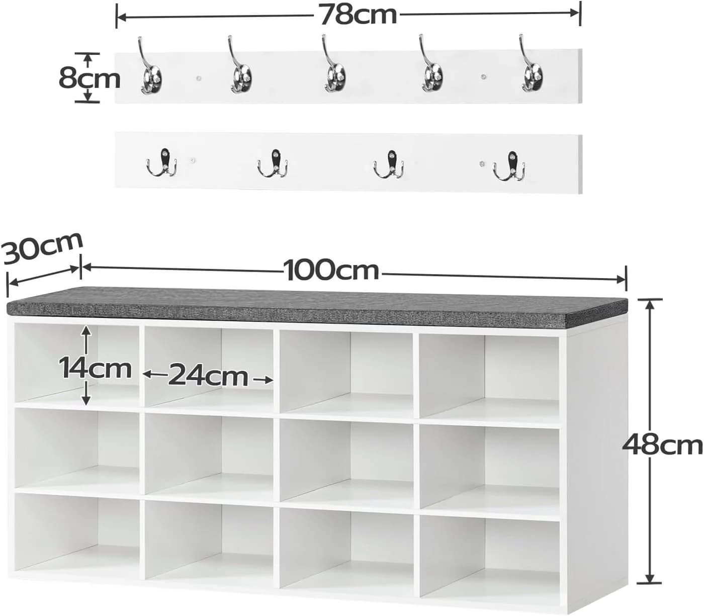 Hoobro Garderobe mit 9 Haken und Schuhbank 12 Fächer Weiß - Bild 3