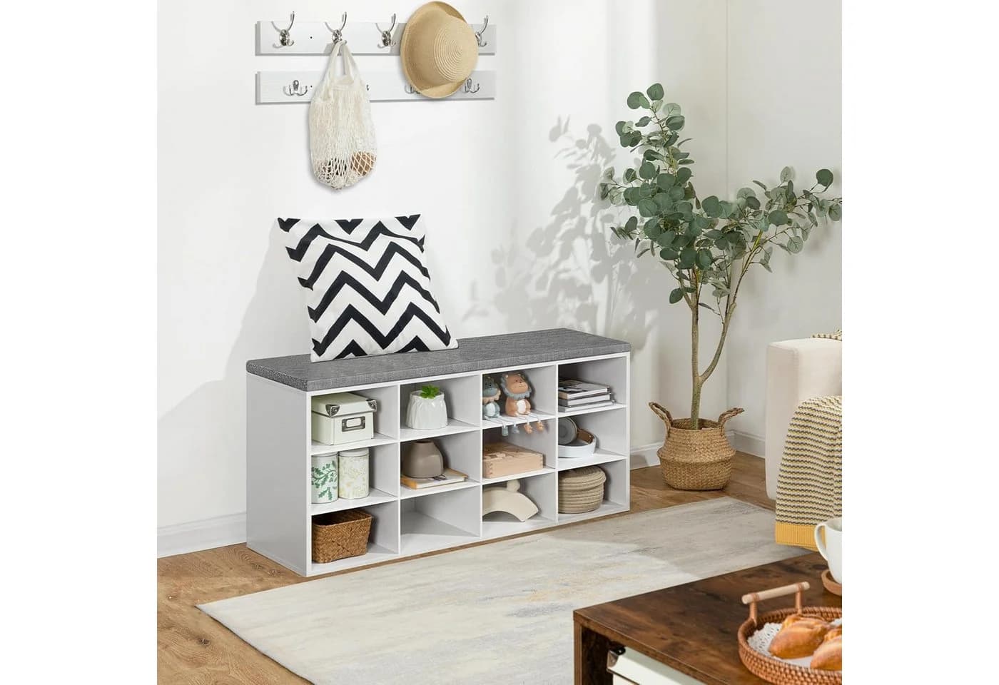 Hoobro Garderobe mit 9 Haken und Schuhbank 12 Fächer Weiß - Bild 5