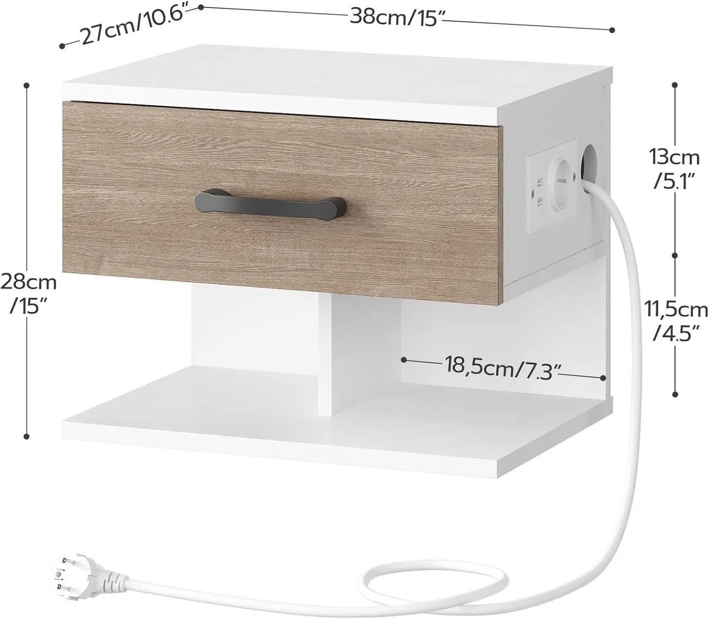 Hoobro Nachttisch hängend mit Steckdose & USB Weiß - Bild 3