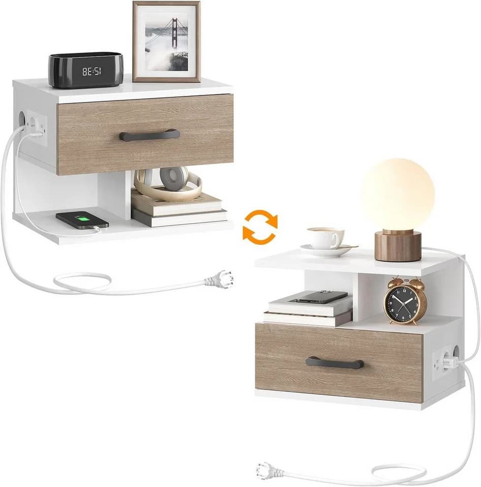 Hoobro Nachttisch hängend mit Steckdose & USB Weiß - Bild 5