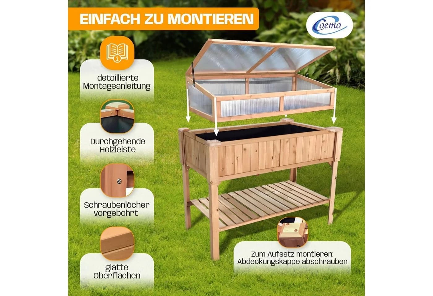Coemo Frühbeetaufsatz Holz für Hochbeete - Bild 4