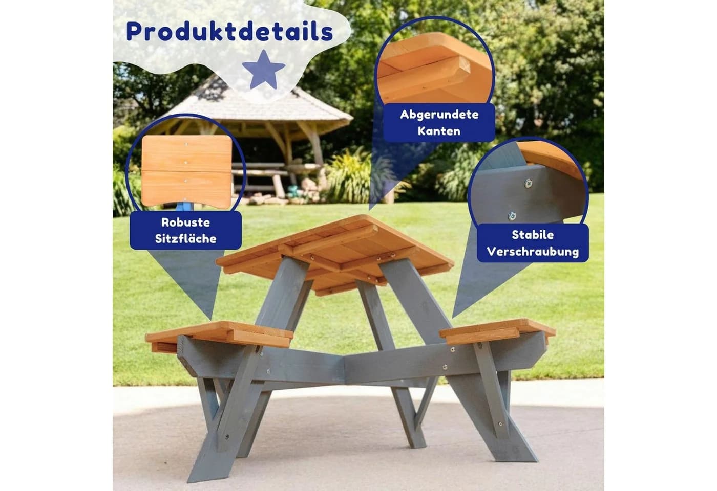 Coemo Garten-Kindersitzgruppe ROMY Braun Holz Picknicktisch 4 Sitze - Bild 5