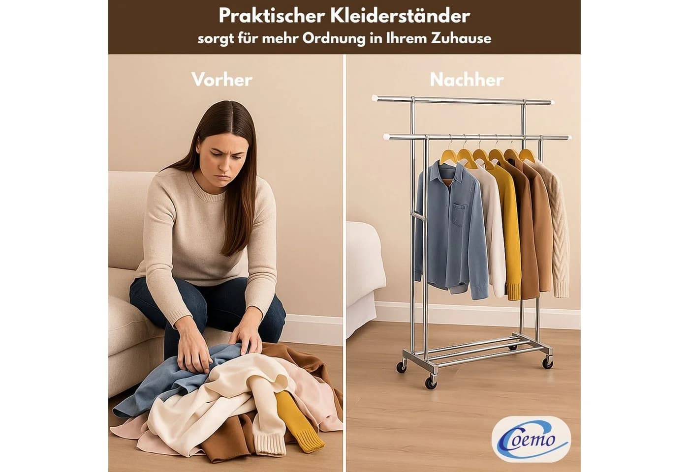 Coemo Kleiderständer mit Doppelstange, Rollen und Ablage - Bild 3