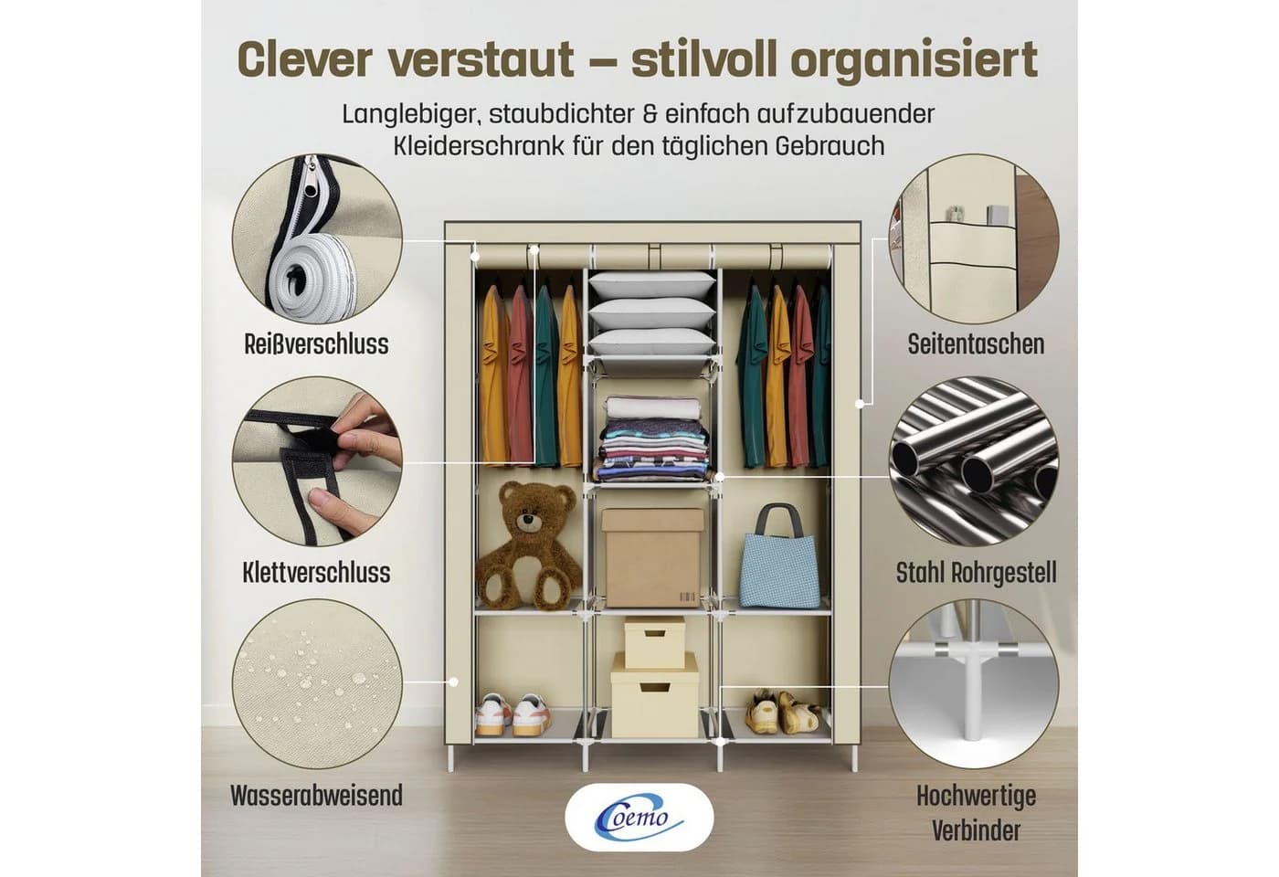Coemo Stoffschrank Beige Faltbar mit 2 Kleiderstangen - Bild 3