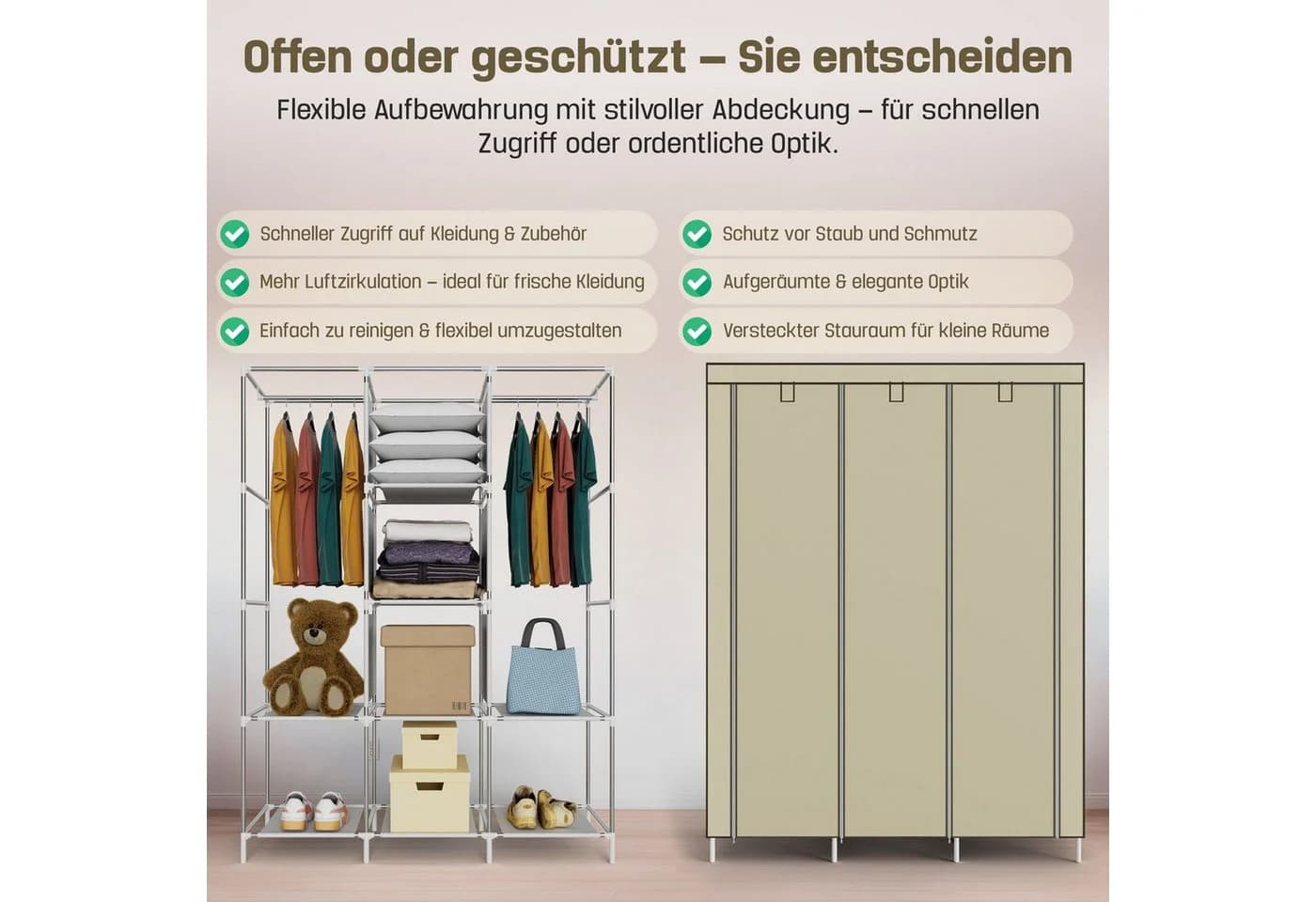 Coemo Stoffschrank Beige Faltbar mit 2 Kleiderstangen - Bild 4