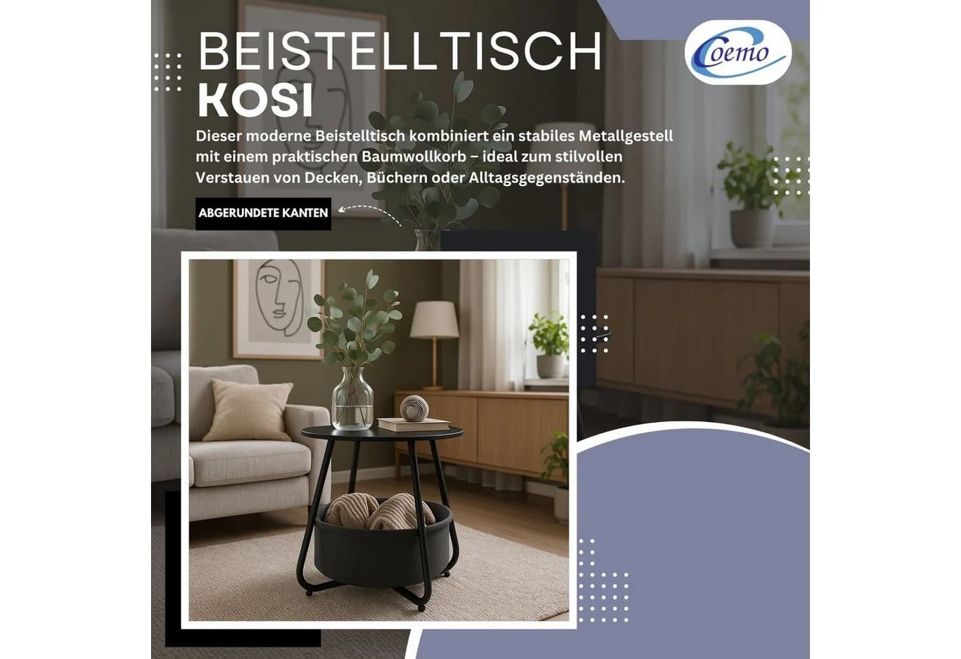 Coemo Wohnzimmertisch KOSI Schwarz Metallgestell mit Aufbewahrungskorb