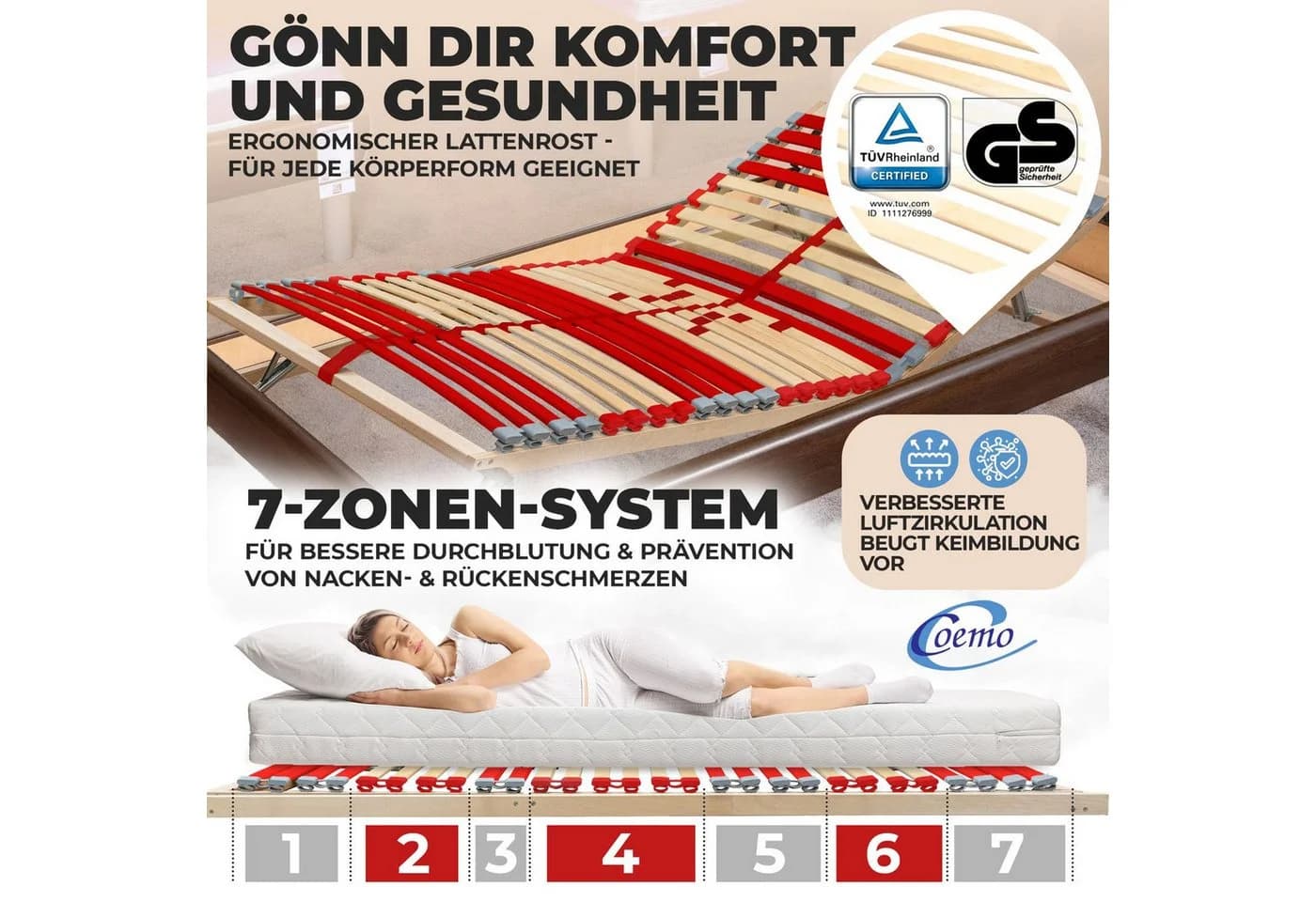 Coemo Lattenrost RUBY 7-Zonen verstellbar Buche/Birke Schichtholz