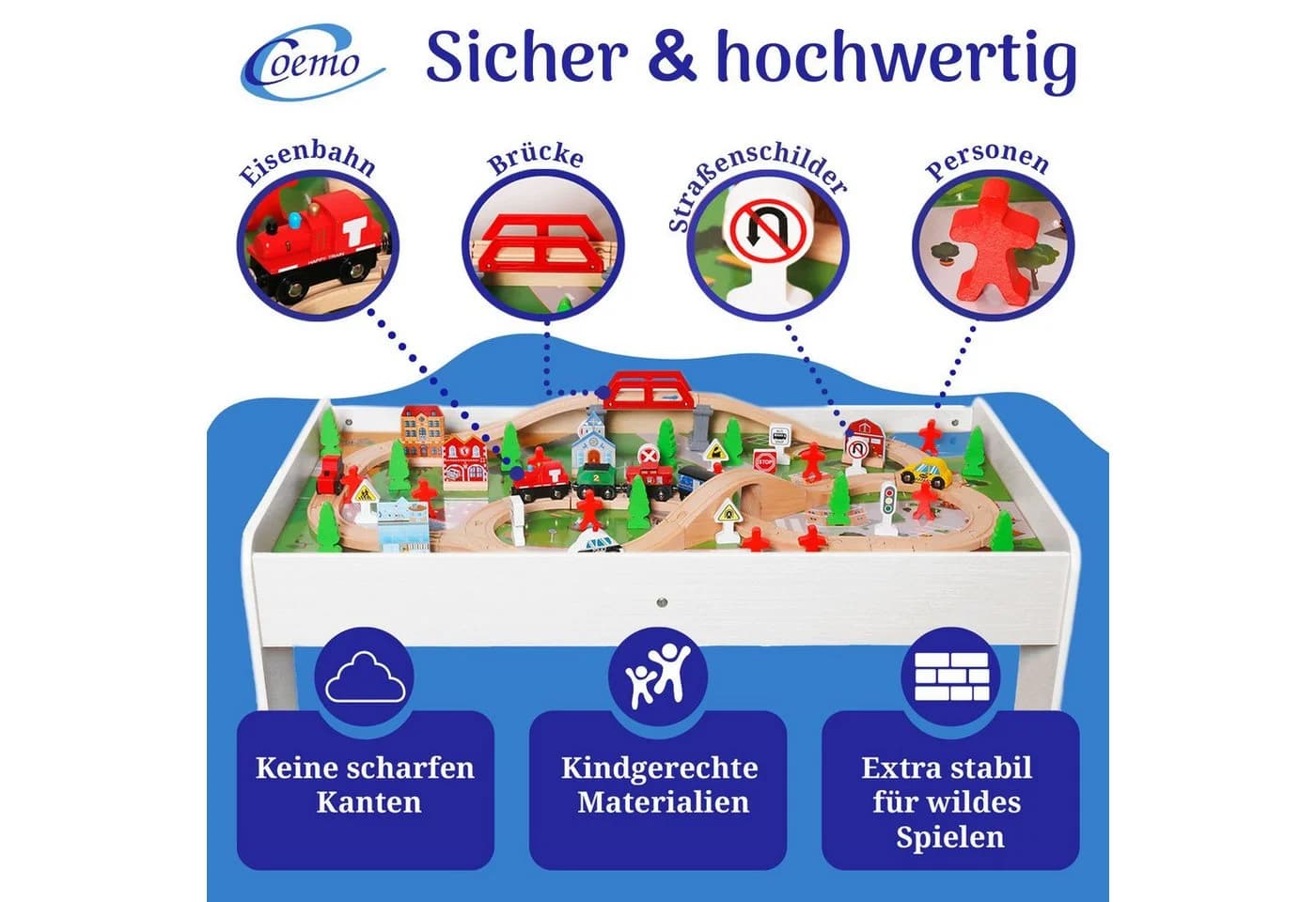 Coemo Spieltisch Weiß mit 90-tlg. Holzeisenbahn Set - Bild 2