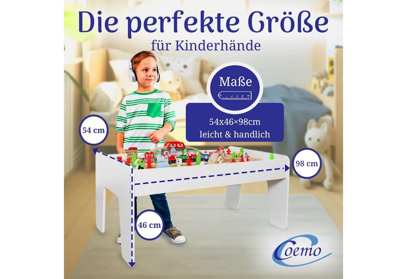 Coemo Spieltisch Weiß mit 90-tlg. Holzeisenbahn Set - Bild 4