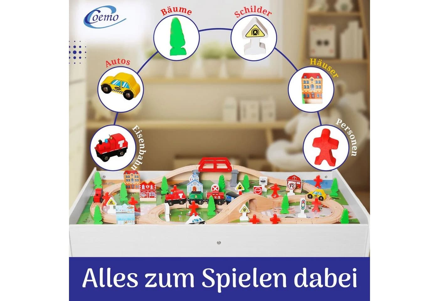 Coemo Spieltisch Weiß mit 90-tlg. Holzeisenbahn Set - Bild 5