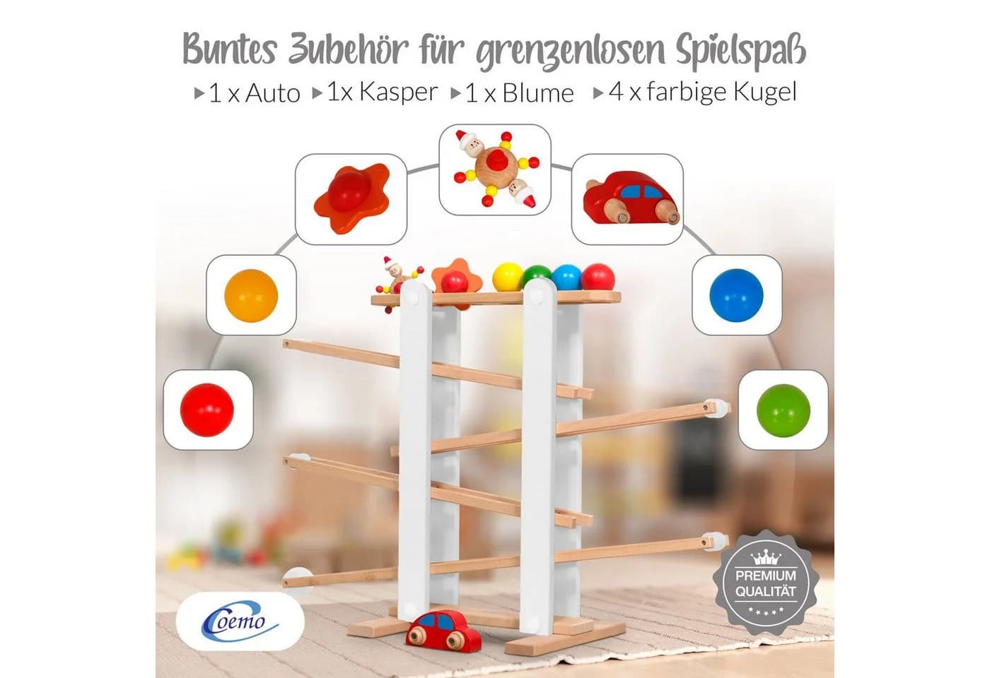 Coemo Kugelbahn 8-tlg. Holzkugelbahn mit 7 mobilen Teilen