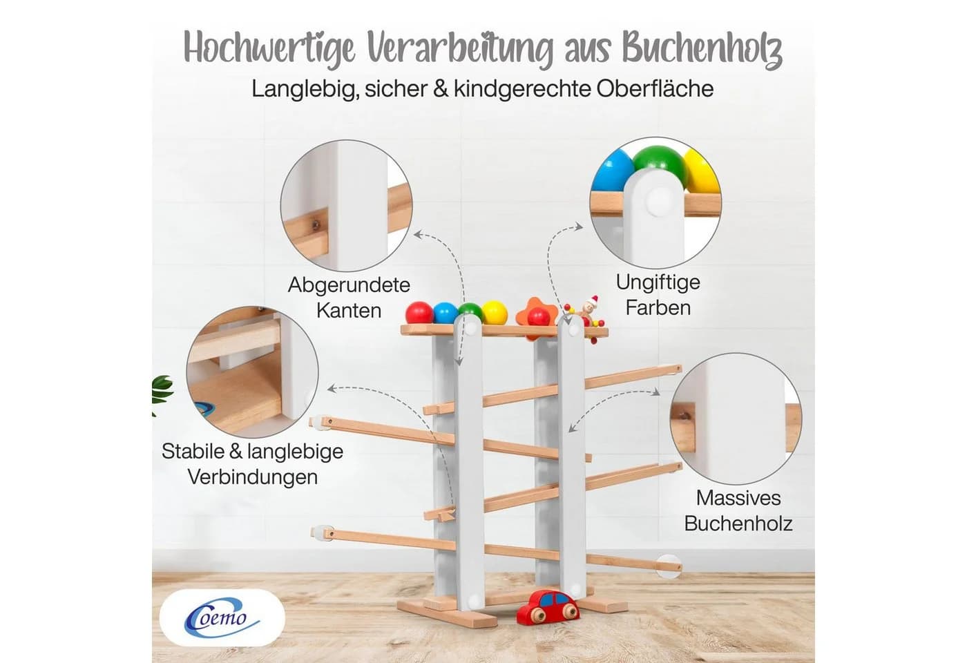 Coemo Kugelbahn 8-tlg. Holzkugelbahn mit 7 mobilen Teilen - Bild 3