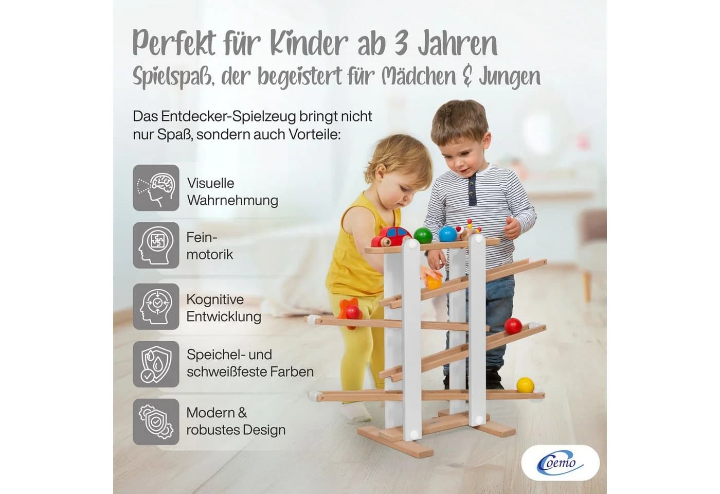 Coemo Kugelbahn 8-tlg. Holzkugelbahn mit 7 mobilen Teilen - Bild 4