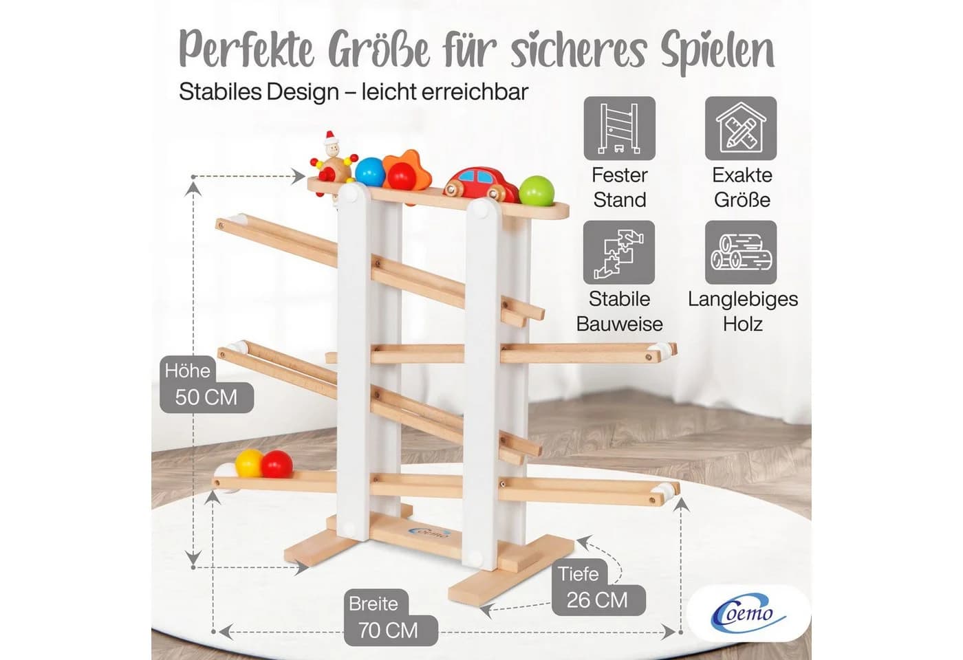 Coemo Kugelbahn 8-tlg. Holzkugelbahn mit 7 mobilen Teilen - Bild 5