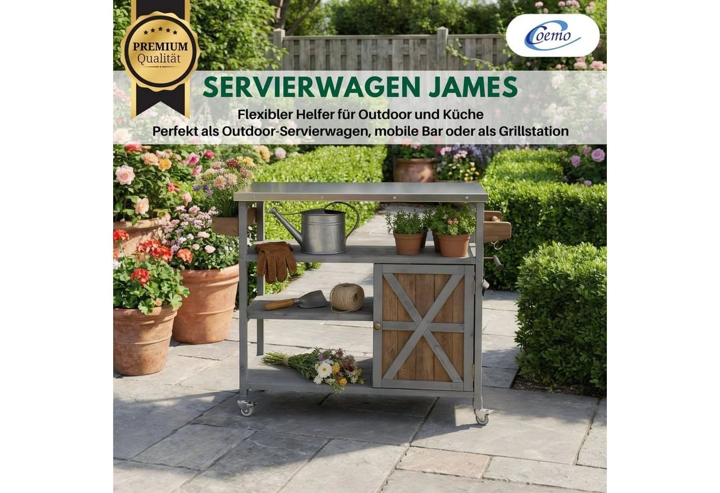 Coemo Servierwagen JAMES mit Rollen, Holz & Edelstahl, Grau/Braun