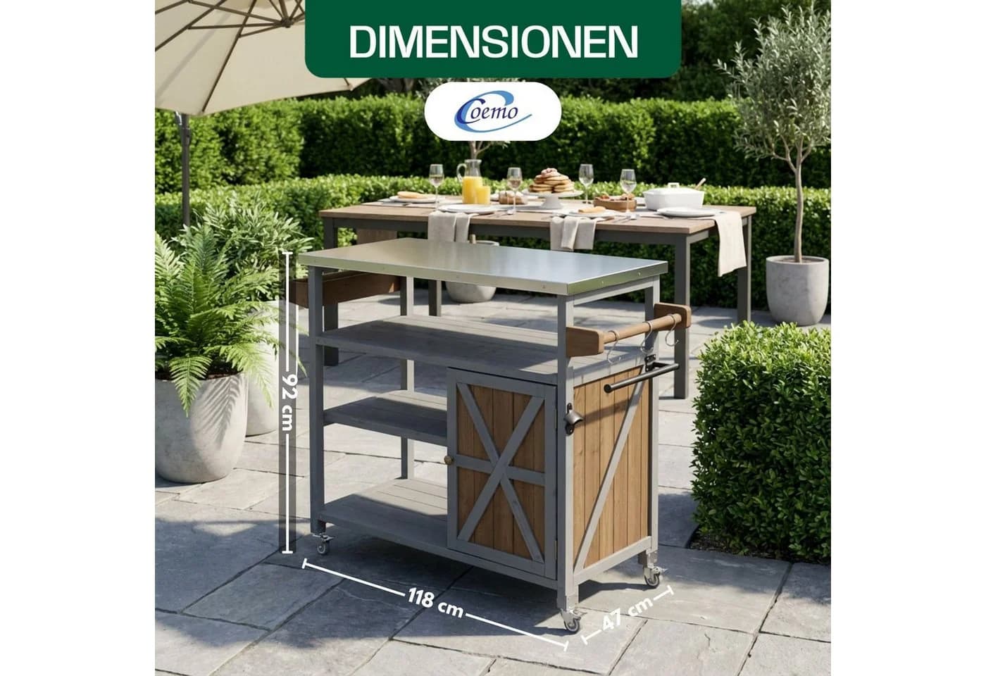 Coemo Servierwagen JAMES mit Rollen, Holz & Edelstahl, Grau/Braun - Bild 3